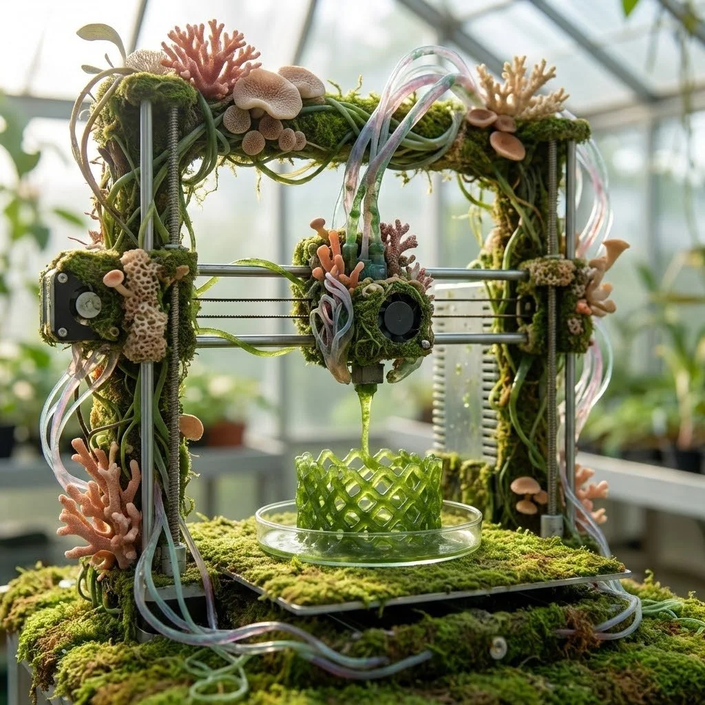 A fantastical 3D printer overgrown with moss, fungi, and tubing prints a green lattice in a greenhouse.