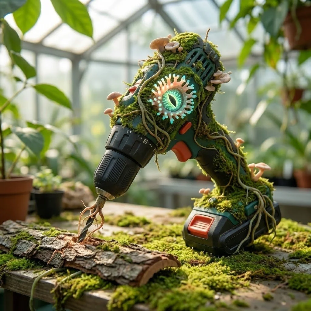 A fantastical cordless drill covered with moss, fungi, roots, and a glowing eye-like sensor.
