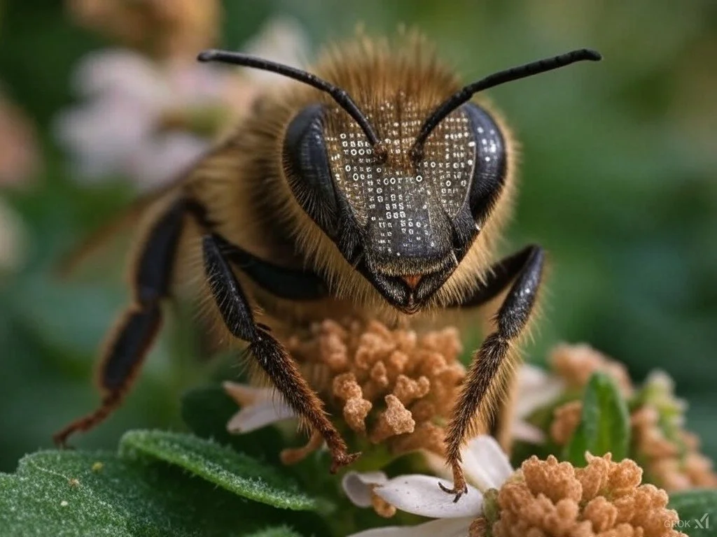 Close-up of a bee on a flower with a pattern of binary digits superimposed across its face.