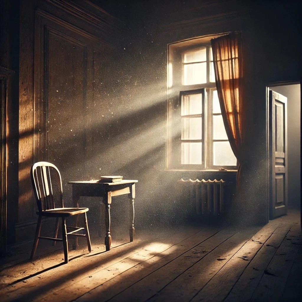 An empty wooden room with a chair and desk illuminated by beams of light through a dusty window.