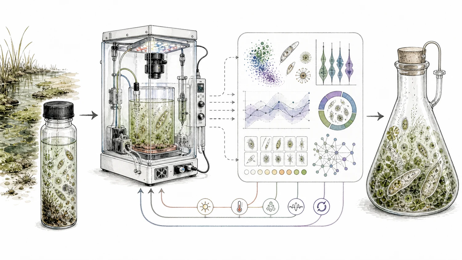 Illustrated workflow from an environmental sample through automated culture experiments and analysis to a stable laboratory culture.