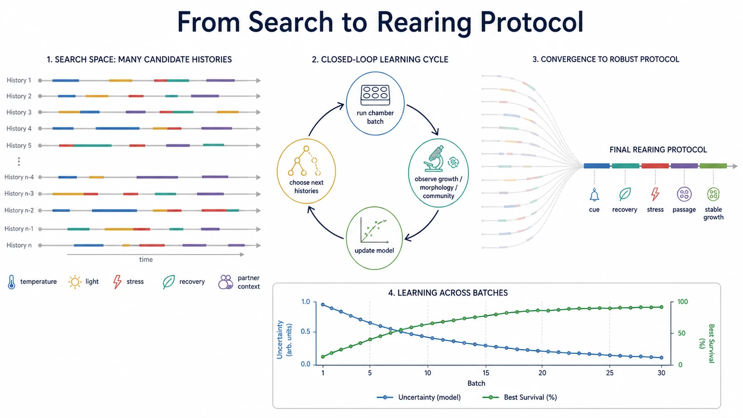 Diagram of a closed-loop search that tests candidate environmental histories and converges on a robust rearing protocol.