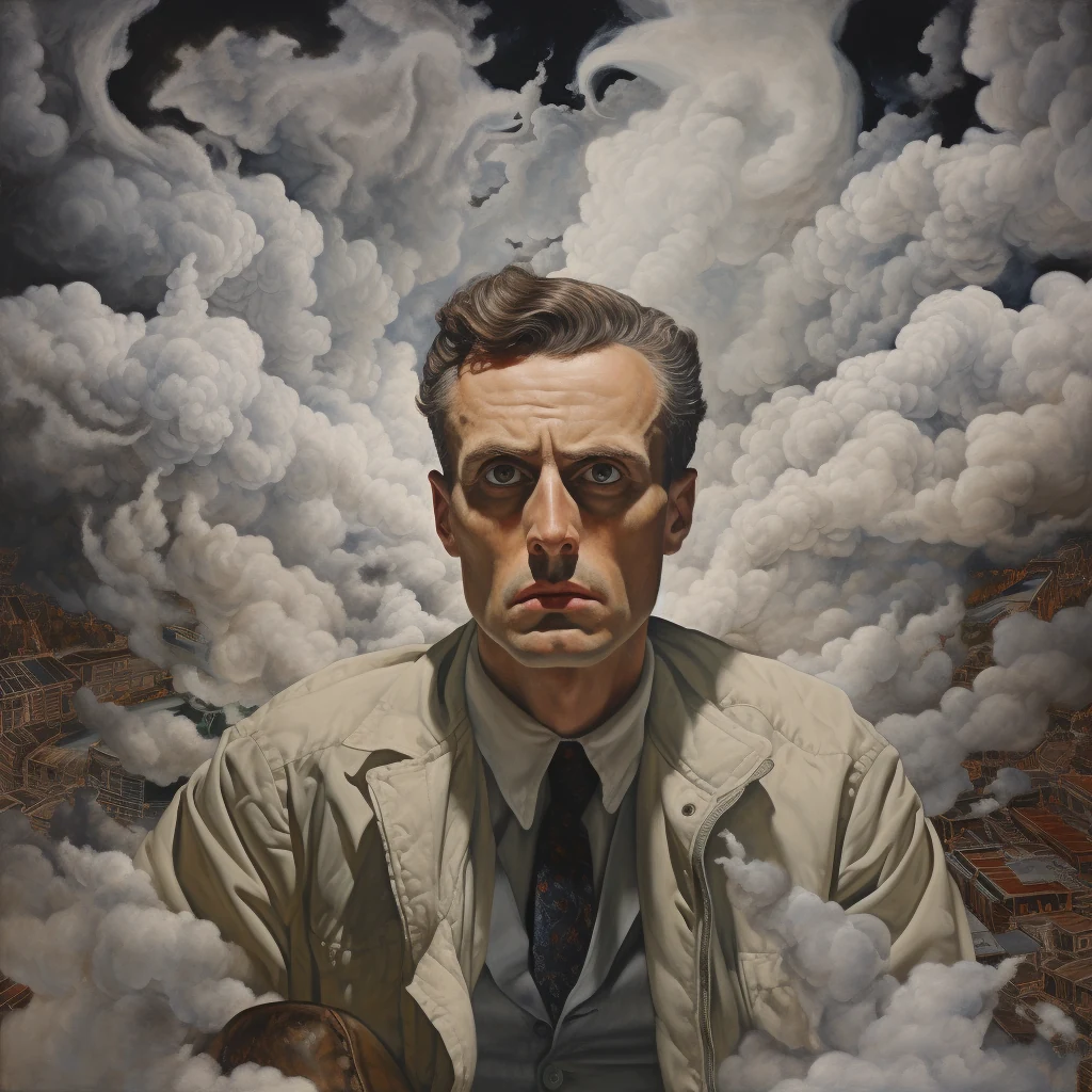 Surreal portrait of Claude Shannon surrounded by dense clouds representing white noise.