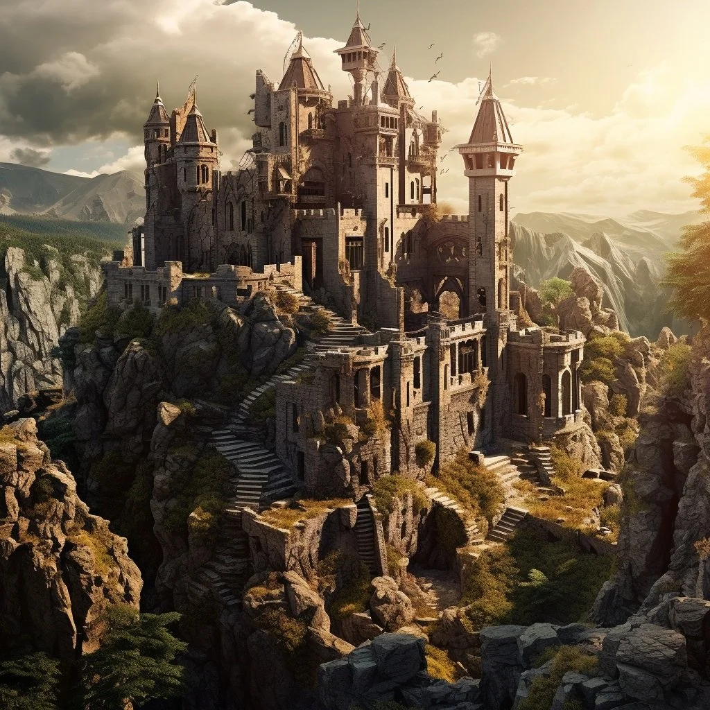 A castle assembled from broken architectural ruins, illustrating new order built from destruction.