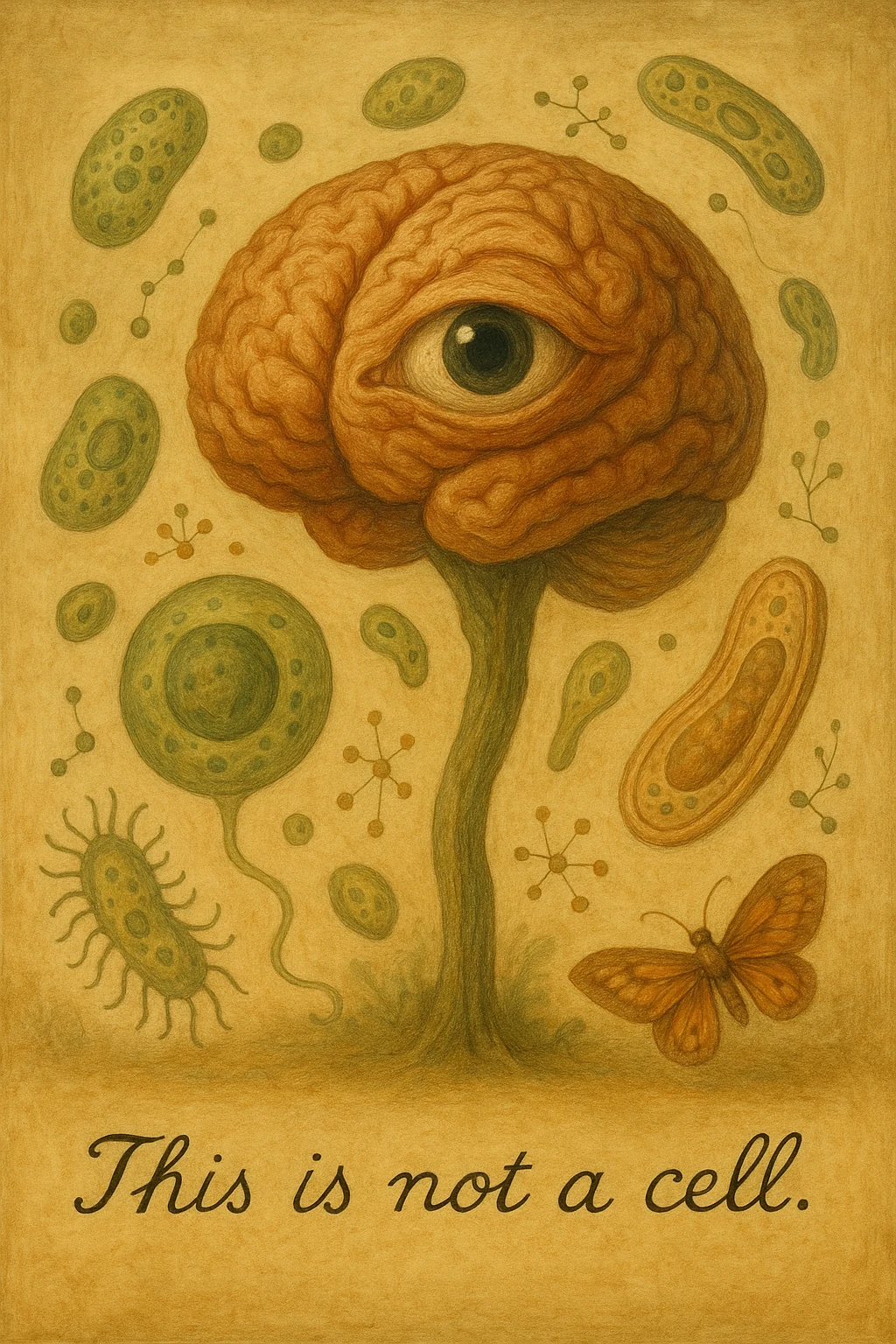 Surreal illustration of a brain with one eye growing like a tree among cells and microorganisms, captioned ‘This is not a cell.’
