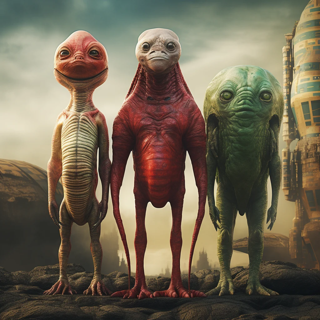 Three imagined alien phenotypes representing different combinations of size, speed, and strength.