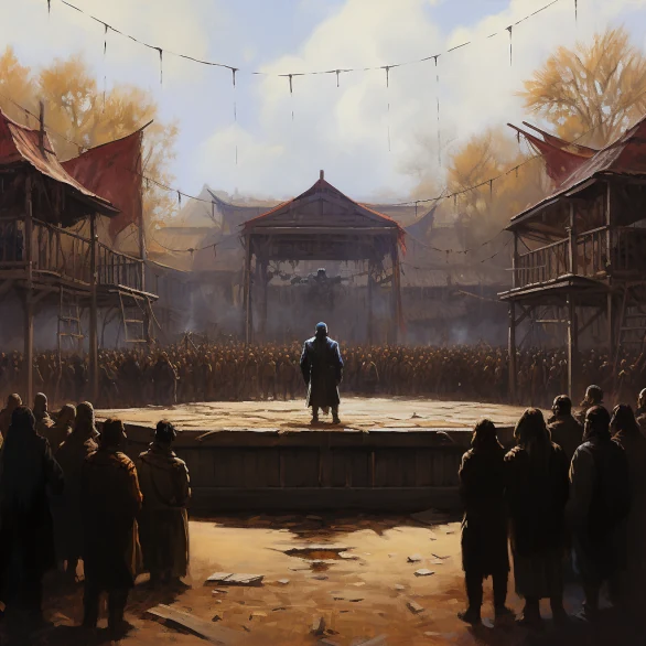 A village leader stands on a raised platform addressing a crowd gathered in a rustic square.